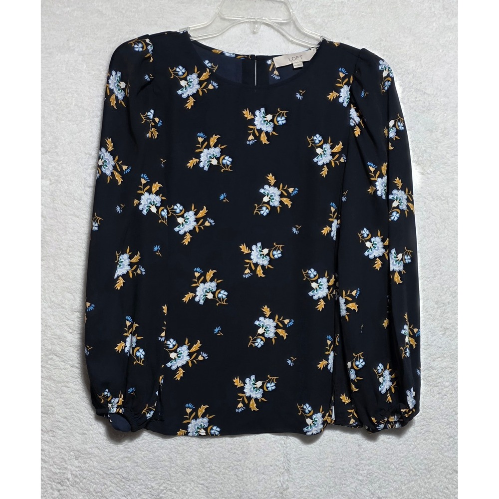 LOFT Navy Blue Floral Puff Sleeve Blouse XXS Crew Neck Keyhole Back Top